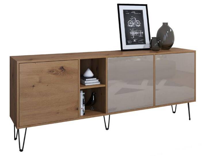 Vladon Sideboard Havana (TV-Schrank mit 3 Türen und 2 offene Fächer, Kommode Made in Germany), Eiche Evoke / Sandgrau Hochglanz (181,5 x 73 x 35 cm) von OTTO