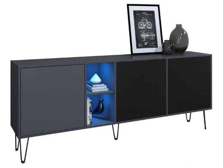 Vladon Sideboard Havana (TV-Schrank mit 3 Türen und 2 offene Fächer, Kommode mit LED, Made in Germany), Anthrazit matt / Schwarz matt (181,5 x 73 x 35 cm) von OTTO