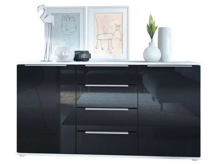 Vladon Sideboard Linio (Anrichte, mit 2 Türen und 4 Schubladen), Weiß matt/Schwarz Hochglanz (139 x 72,5 x 35 cm), schwarz, Front in Schwarz Hochglanz von OTTO