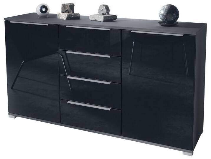 Vladon Sideboard Linio V1 (Anrichte, mit 2 Türen und 4 Schubladen), Anthrazit matt/Schwarz Hochglanz (138,5 x 75,5 x 35 cm), schwarz von OTTO