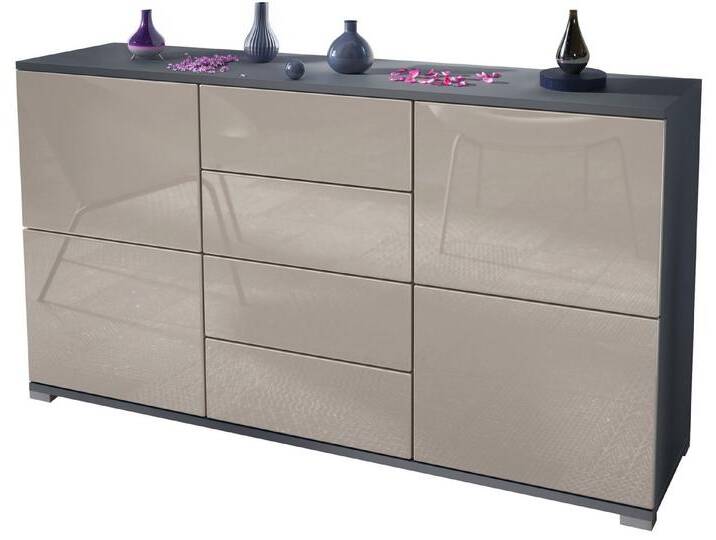 Vladon Sideboard Rova V1 (Kommode mit 4 Türen, 4 Schubladen, Made in Germany), Anthrazit matt/Sandgrau Hochglanz (138,5 x 75,5 x 35), grau von OTTO