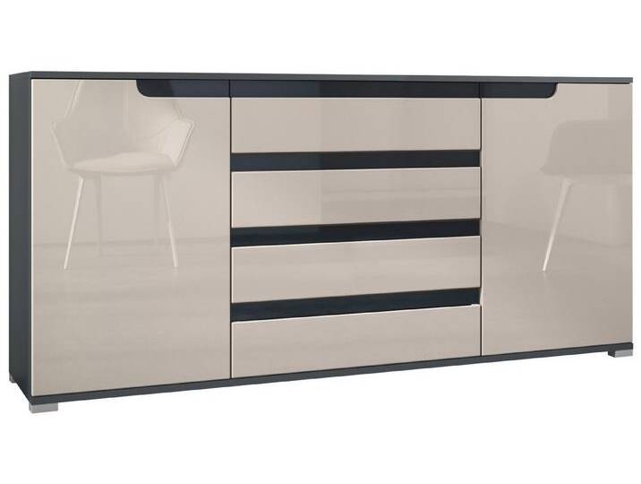 Vladon Sideboard Sylt V2 (Kommode mit 2 Türen und 4 Schubladen, Korpus - Anthrazit matt / Front - Sandgrau Hochglanz), Absetzung - Schwarz Hochglanz (166,5 x 75,5 x 35 cm) von OTTO
