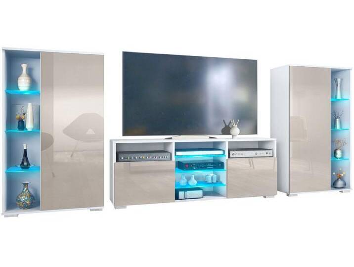 Vladon Wohnwand Davos, (Anbauwand, bestehend aus 2 Vitrinen, 1 TV-Board und LED-Beleuchtung), Weiß matt/Sandgrau Hochglanz (329 x 134 x 35 cm), grau von OTTO