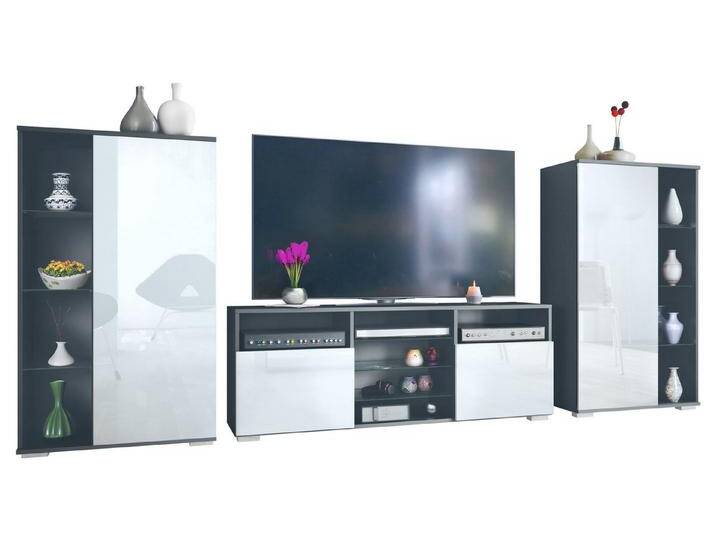 Vladon Wohnwand Davos, (Anbauwand, bestehend aus 2 Vitrinen und 1 TV-Board), Anthrazit matt/Weiß Hochglanz (329 x 134 x 35 cm), weiß, Weiß Hochglanz von OTTO