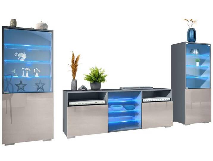 Vladon Wohnwand Granada, (Anbauwand, bestehend aus 2 Vitrinen, 1 TV-Board und LED-Beleuchtung), Anthrazit matt/Sandgrau Hochglanz (286 x 122,5 x 35 cm) von OTTO