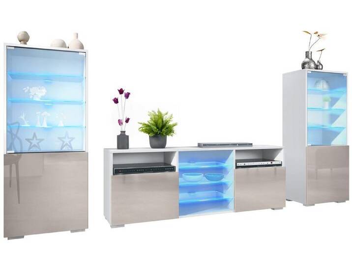 Vladon Wohnwand Granada, (Anbauwand, bestehend aus 2 Vitrinen, 1 TV-Board und LED-Beleuchtung), False/Sandgrau Hochglanz (286 x 122,5 x 35 cm), grau von OTTO