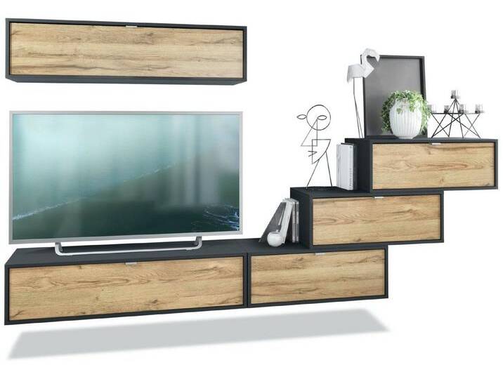 Vladon Wohnwand Lana V1, (Anbauwand, bestehend aus 5 Hängeelementen mit 12 Fächern), Schwarz matt/Eiche Natur (275 x 180 x 37 cm), braun von OTTO
