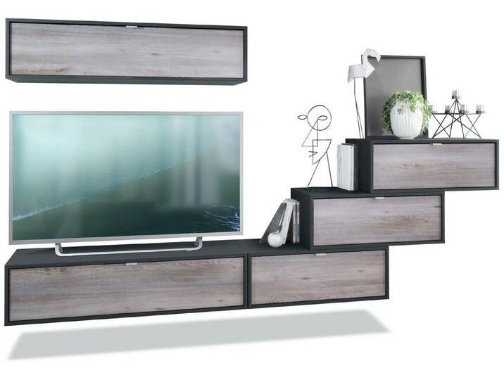 Vladon Wohnwand Lana V1, (Anbauwand, bestehend aus 5 Hängeelementen mit 12 Fächern), Schwarz matt/Eiche Nordic (275 x 180 x 37 cm), braun von OTTO