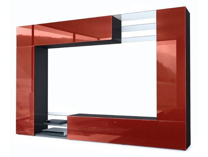 Vladon Wohnwand Mirage, (Anbauwand mit Rückwand mit 2 Türen, 2 Klappen und 6 offenen Glasablagen), Schwarz matt/Bordeaux Hochglanz (262 x 183 x 39 cm), rot von OTTO