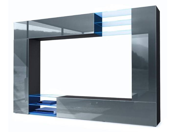 Vladon Wohnwand Mirage, (Anbauwand mit Rückwand mit 2 Türen, 2 Klappen und 6 offenen Glasablagen), Schwarz matt/Grau Hochglanz, inkl. LED-Beleuchtung (262 x 183 x 39 cm), grau von OTTO