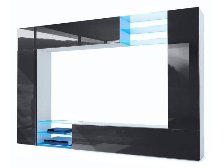 Vladon Wohnwand Mirage, (Anbauwand mit Rückwand mit 2 Türen, 2 Klappen und 6 offenen Glasablagen), Weiß matt/Schwarz Hochglanz, inkl. LED-Beleuchtung(262 x 183 x 39 cm), schwarz von OTTO