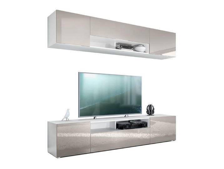 Vladon Wohnwand Mogan, (Anbauwand bestehend aus 2 TV-Boards, mit jeweils 2 Türen, 1 Klappe und 1 offenes Fach), Weiß matt/Sandgrau Hochglanz 2x (181 x 39 x 35 cm) von OTTO
