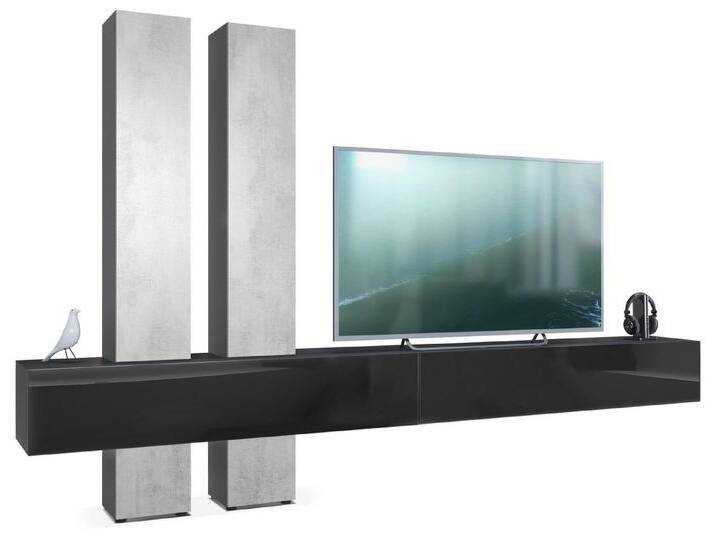 Vladon Wohnwand Moja, (Anbauwand, mit Rückwand mit 4 Türen und 2 Klappen), Schwarz matt/Schwarz Hochglanz und Beton Oxid Optik (330x204x39 cm), grau von OTTO