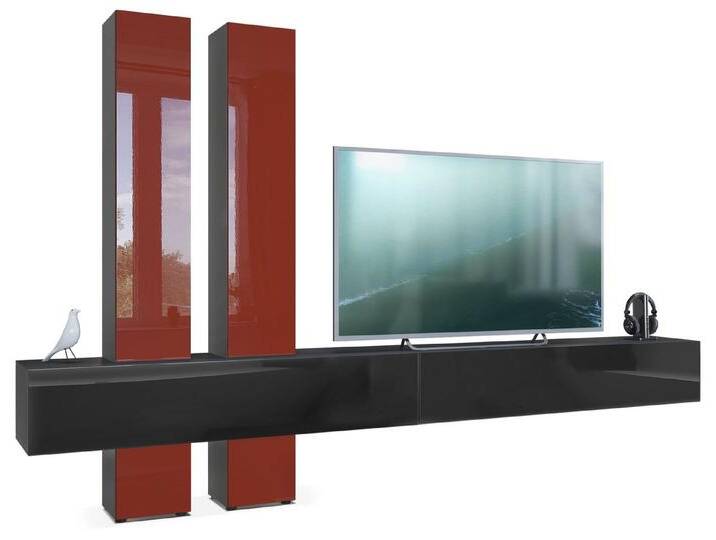 Vladon Wohnwand Moja, (Anbauwand, mit Rückwand mit 4 Türen und 2 Klappen), Schwarz matt/Schwarz Hochglanz und Bordeaux Hochglanz (330x204x39 cm), rot von OTTO