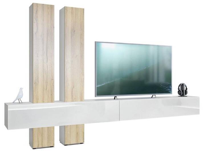 Vladon Wohnwand Moja, (Anbauwand, mit Rückwand mit 4 Türen und 2 Klappen), Weiß matt/Weiß Hochglanz und Eiche Natur (330 x 204 x 39 cm), braun von OTTO
