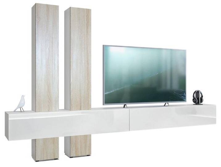 Vladon Wohnwand Moja, (Anbauwand, mit Rückwand mit 4 Türen und 2 Klappen), Weiß matt/Weiß Hochglanz und Eiche sägerau (330 x 204 x 39 cm), braun von OTTO