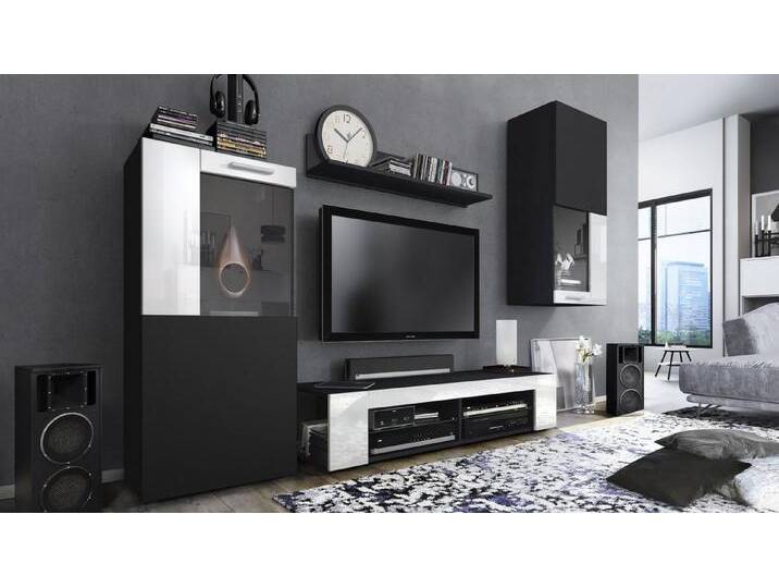 Vladon Wohnwand Movie, (Anbauwand, bestehend aus 1 TV-Board, 2 Vitrinen und 1 Regal), Schwarz matt/Schwarz matt/Weiß Hochglanz (Gesamt: 300 x 190 x 39 cm), weiß von OTTO
