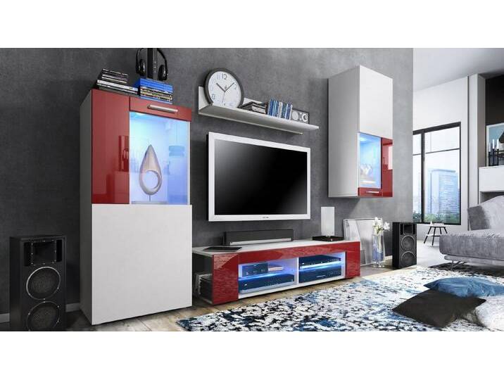 Vladon Wohnwand Movie, (Anbauwand, bestehend aus 1 TV-Board, 2 Vitrinen und 1 Regal), Weiß matt/Weiß matt/Bordeaux Hochglanz mit Beleuchtung (300x190x39 cm), rot von OTTO
