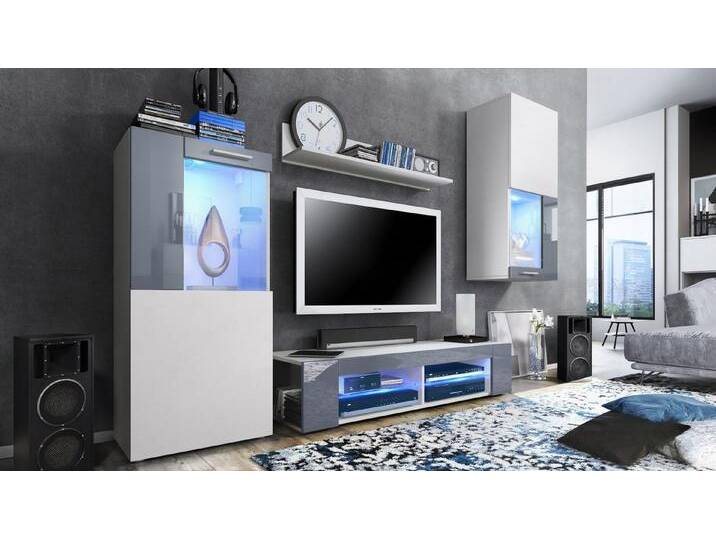 Vladon Wohnwand Movie, (Anbauwand, bestehend aus 1 TV-Board, 2 Vitrinen und 1 Regal), Weiß matt/Weiß matt/Grau Hochglanz mit Beleuchtung (300 x 190 x 39 cm), grau von OTTO