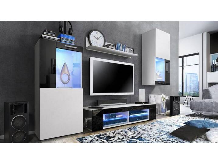Vladon Wohnwand Movie, (Anbauwand, bestehend aus 1 TV-Board, 2 Vitrinen und 1 Regal), Weiß matt/Weiß matt/Schwarz Hochglanz mit Beleuchtung (300x190x39 cm), schwarz von OTTO
