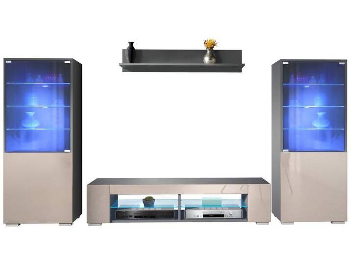 Vladon Wohnwand Nevada V2, (Anbauwand, bestehend aus 2 Vitrinen, 1 TV-Board und 1 Wandregal inkl. LED), Anthrazit matt/Sandgrau Hochglanz (304,5 x 141 x 39 cm) von OTTO