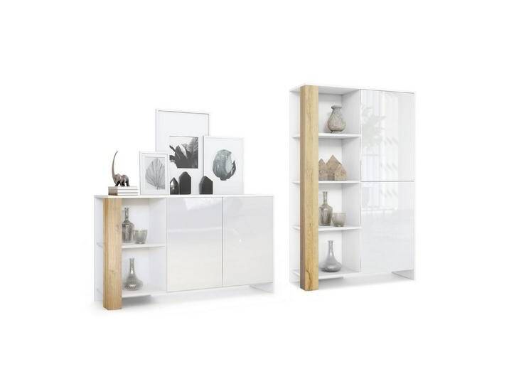 Vladon Wohnwand Venedig, (Wohnraum Set, bestehend aus 1 Highboard und 1 Sideboard), Weiß matt, Weiß Hochglanz, Eiche Natur, braun, Eiche Natur von OTTO