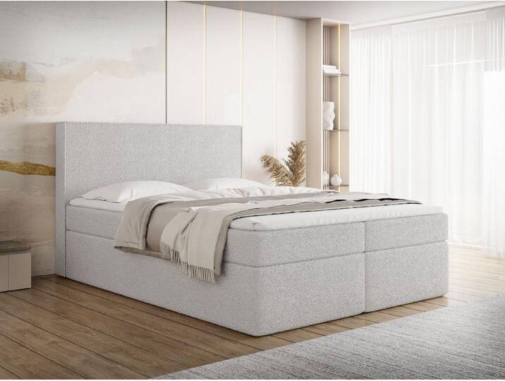 WFL GROUP Boxspringbett Terra mit Bettkasten, Gepolstert, Boucle Stoff, Made in EU (erhältlich in 120x200, 140x200, 160x200, 180x200, 200x200 cm), Doppelbett mit H3 Bonell/H4 Pocket Matratze & H3 Foam/H2 Visco-Topper, grau, Komfortschaumstoff T25 4 cm, Bonellfederkern von OTTO
