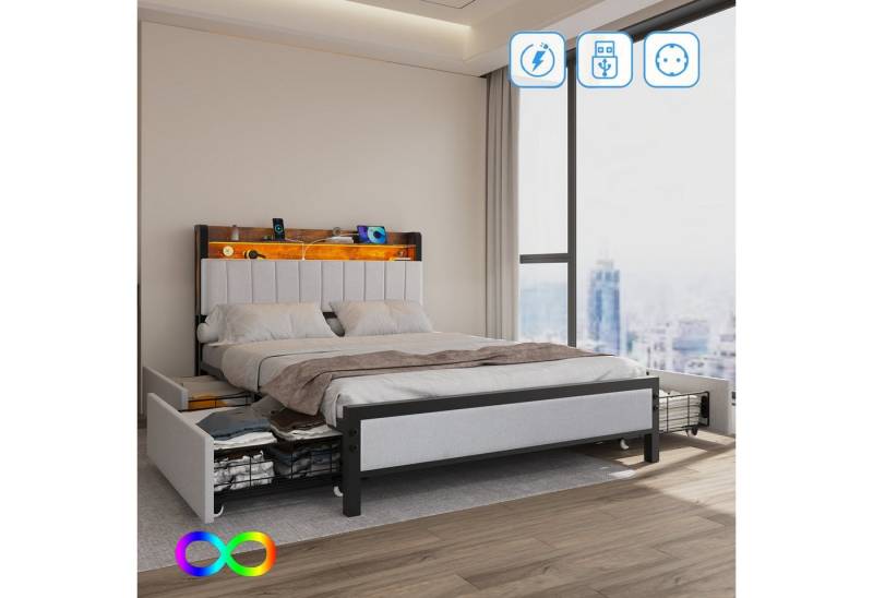 WILGOON Polsterbett Doppelbett 140x200 cm, Stauraumbett, LED Polsterbett mit Kopfteil (Funktionbett mit 4 Schubladen), LED Polsterbett mit Lattenrost und Ladefunktion, Leinen von OTTO