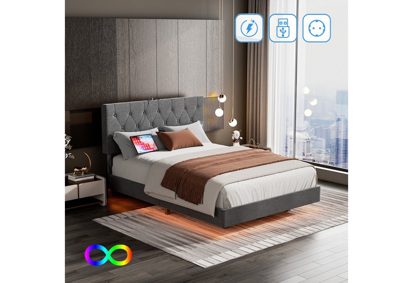 WILGOON Polsterbett Doppelbett 140x200 cm, Stauraumbett, LED Polsterbett mit Kopfteil (Funktionbett mit 4 Schubladen), LED Polsterbett mit Lattenrost und Ladefunktion, Leinen von OTTO