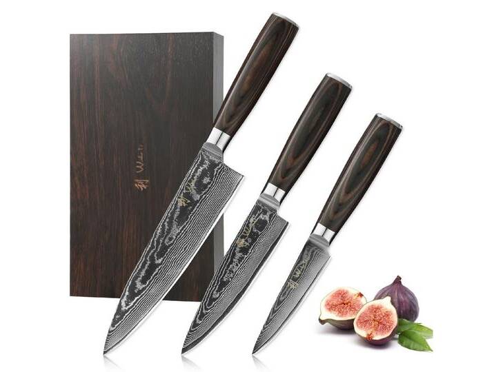 Wakoli Messer-Set EDIB Essentials 3er Damastmesser-Set Küchenmesser Kochmesser (Damastmesser mit Geschenkbox, 3-tlg., 3er Chefmesser-Set), VG10 Kern, 67 Lagen Damaststahl, Pakkaholzgriff von OTTO