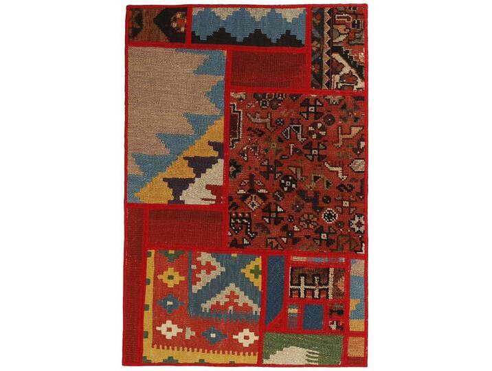 Wohnando Teppich MY-RUG Perserteppich Patchwork Geometrische Muster rot 90x60cm, Rechteckig, Höhe: 10 mm, Handgeknüpfter Teppich,Handgesponnene Wolle von OTTO