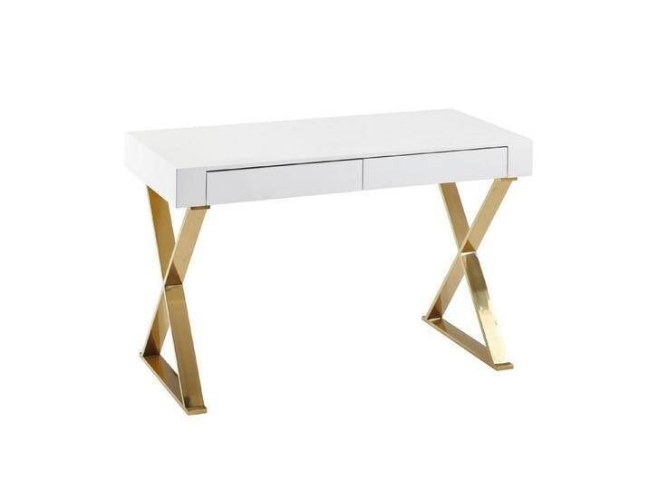 Wohnling Schreibtisch Schreibtisch 118x76x57 cm Holz Hochglanz Weiß Metallbeine Golden, (Design Computertisch PC-Tisch Bürotisch Modern, Konsolentisch), Design Computertisch PC-Tisch Bürotisch Modern von OTTO