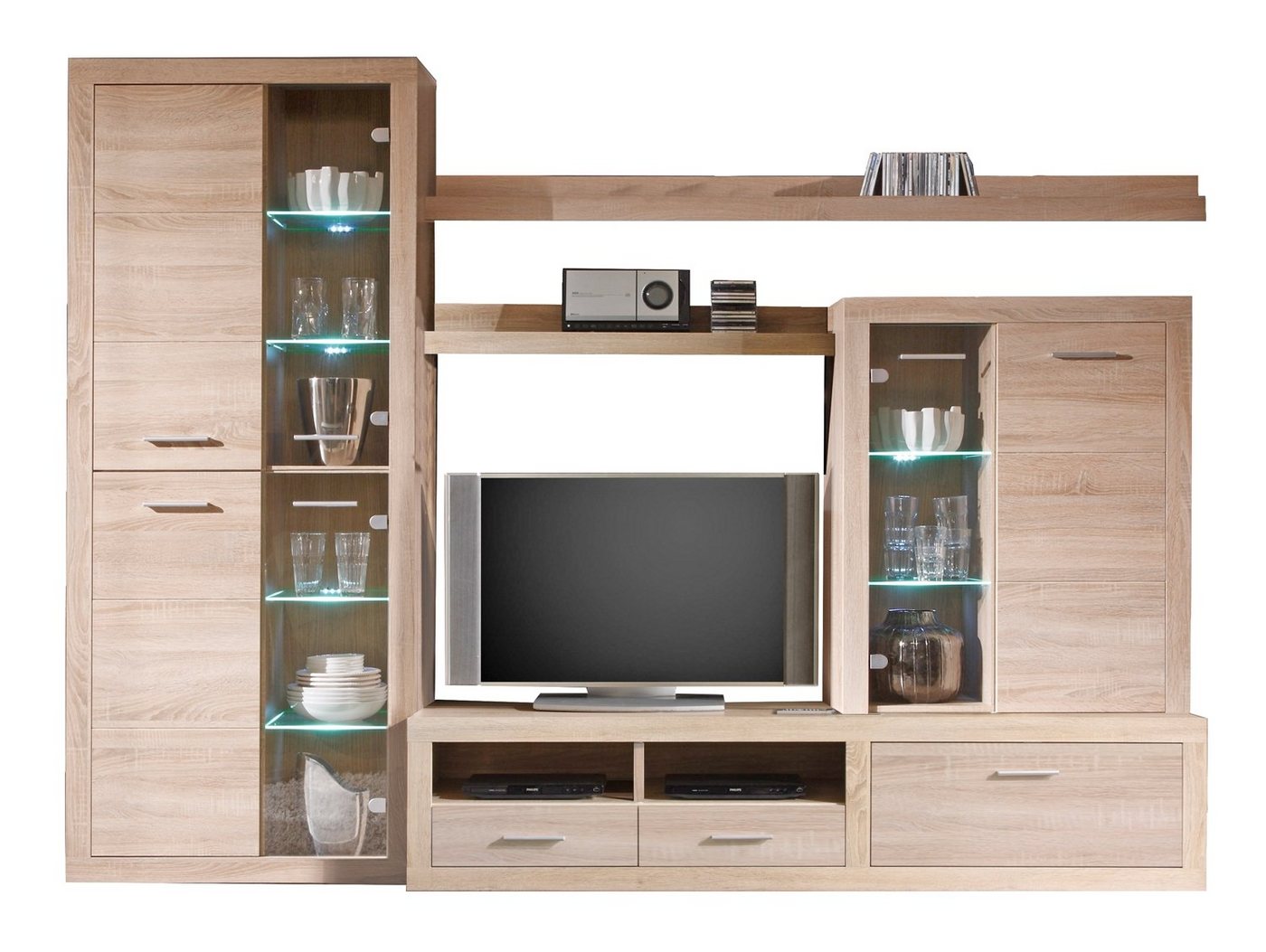 Wohnwand CAN CAN, Eiche Sonoma Dekor, mit Glastüren, (5-St), mit LED-Glasbodenbeleuchtung, B 284 x H 195 x T 45 cm von OTTO