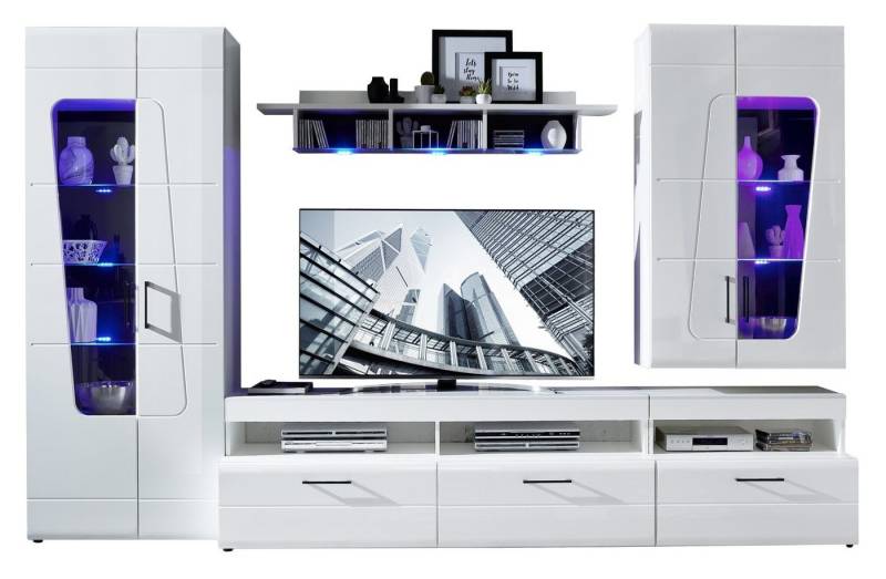 Wohnwand SPIRIT, Weiß matt, Weiß Hochglanz, mit Glastüren, (5-St), Soft-Close-Funktion, inkl. LED-Beleuchtung, B 330 x H 209 x T 47 cm von OTTO