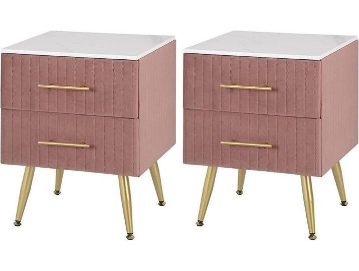 Woltu Nachttisch (2-St), Sofatisch Nachtkommode mit 2 Schubladen aus MDF, rosa, Rosa + Gold + Weiß von OTTO