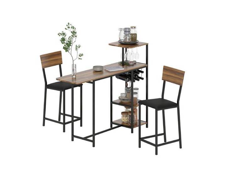 XDeer Bartisch 3-tlg Bartisch-Set mit Klappbar Küchentisch Weinglashalter und, Weinregal 2 Barstühlen für Esszimmer Küche Braun, braun von OTTO