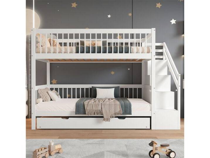 XDeer Etagenbett Etagenbett mit Rollbett, Kinderbett mit Leiterschrank und Handlauf, mit Fallschutzgitter an allen Seiten, Kiefer+MDF, Wei? von OTTO