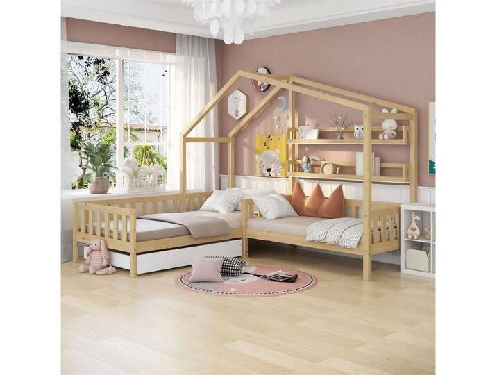 XDeer Hausbett L-Struktur Kinderbett(Natur,90x200 cm+140x70cm)Hausbett, aus Massivholz mit Zaun und Lattenrost,Schubladen und Regale, beige von OTTO