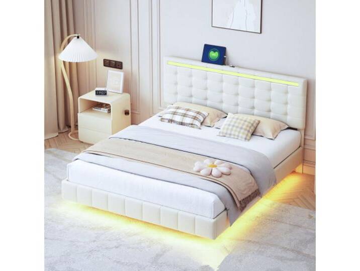 XDeer Polsterbett Polsterbett,gepolsterter Schwebebettrahmen mit LED-Leuchten und, Kopfteildesign, flächiges Doppelbett-Gästebett 160 x 200 cm, beige von OTTO