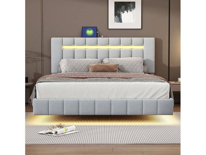 XDeer Polsterbett Polsterbett mit LED-Leuchten und Kopfteildesign Doppelbett, Gästebett Hautfreundlichem Leinen 160 x 200 cm Grau, grau von OTTO