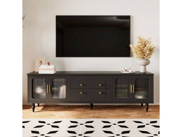 XDeer TV-Schrank TV-Schrank, Lowboard, TV-Möbel im Retro-Stil, TV-Ständer viel viel Stauraum mit Glastür und Beinen aus Massivholz, schwarz von OTTO