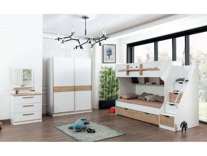Xlmoebel Bett Etagen Bett Kommode Schlafzimmer Spiegel Schrank 4tlg. (4tlg. Kinderzimmer Set (Bett + Kleiderschrank + Kommode + Spiegel) von OTTO