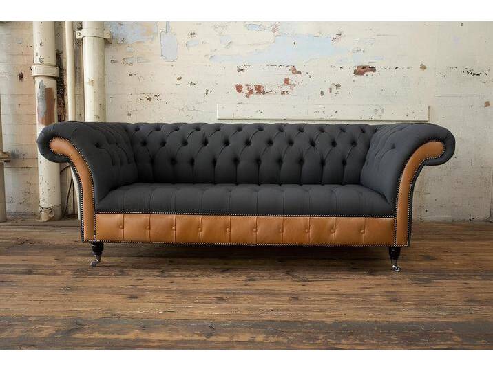 Xlmoebel Chesterfield-Sofa Dreisitzer Sofa Chesterfield mit Bi-Material-Mix aus Leder und Stoff, Hergestellt in Europa, grau von OTTO