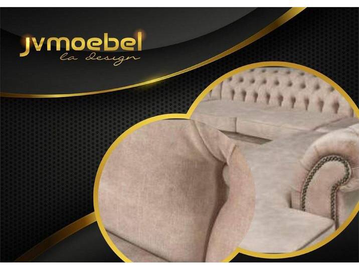 Xlmoebel Ecksofa Grau Chesterfield Dreisitzer Premium Wohnzimmermöbel Neu Stoff, Hergestellt in Europa, beige, Ottomane Rechts - vor dem Sofa stehend von OTTO