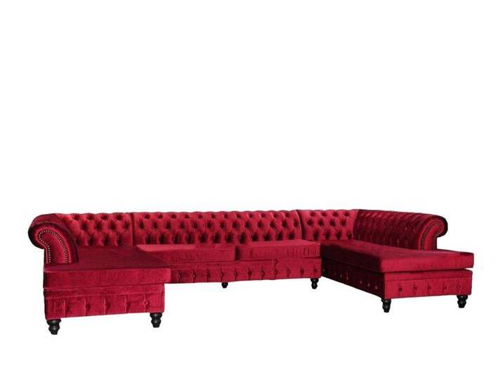 Xlmoebel Ecksofa Grau Chesterfield Dreisitzer Premium Wohnzimmermöbel Neu Stoff, Hergestellt in Europa, rot, Ottomane Links - vor dem Sofa stehend von OTTO