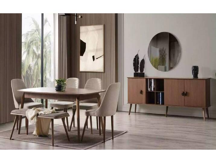 Xlmoebel Esszimmer-Set 8-teiliges Set aus Esstisch, Stühlen, Sideboard und Spiegel aus Holz, (8-St., Set 8 tlg.(Esstisch + 4x Stühle + Sitzbank + Sideboard + Spiegel) von OTTO