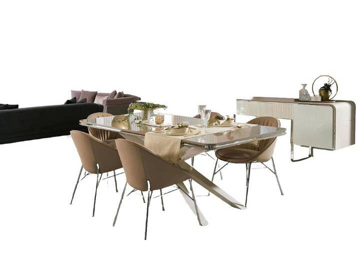 Xlmoebel Esszimmer-Set 9-teiliges Esszimmer-Set in Beige mit Holz Esstisch und Essecke, (Set Esszimmer 9tlg (Esstisch + 6x Stühle + Sideboard + Spiegel) von OTTO