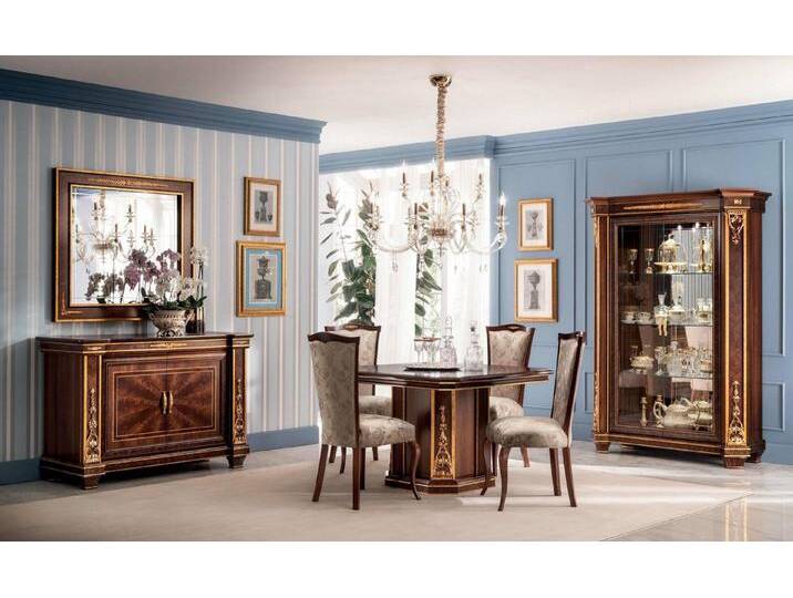 Xlmoebel Esszimmer-Set Designer Set Esstisch Stühle Vitrine Holz Neuzeitliche Möbel 8tlg, (8-St., Esstisch + 4x Stühle + Vitrine + Kommode + Spiegel) von OTTO