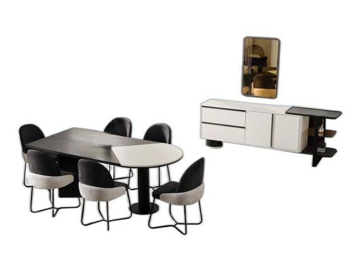 Xlmoebel Esszimmer-Set Essbereich Esszimmer Set Essplatz Esstisch mit 9 Stühlen Holz Weiß, (9-St., Esstisch, 6x Stühle, Sideboard, Spiegel) von OTTO