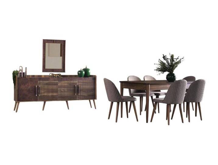 Xlmoebel Esszimmer-Set Essensset Möbelset Essbereich Tisch Stühle Holz 9-teilig Braun, (Set 9tlg Esszimmer (Esstisch + 6xStühle + Sideboard + Spiegel) von OTTO